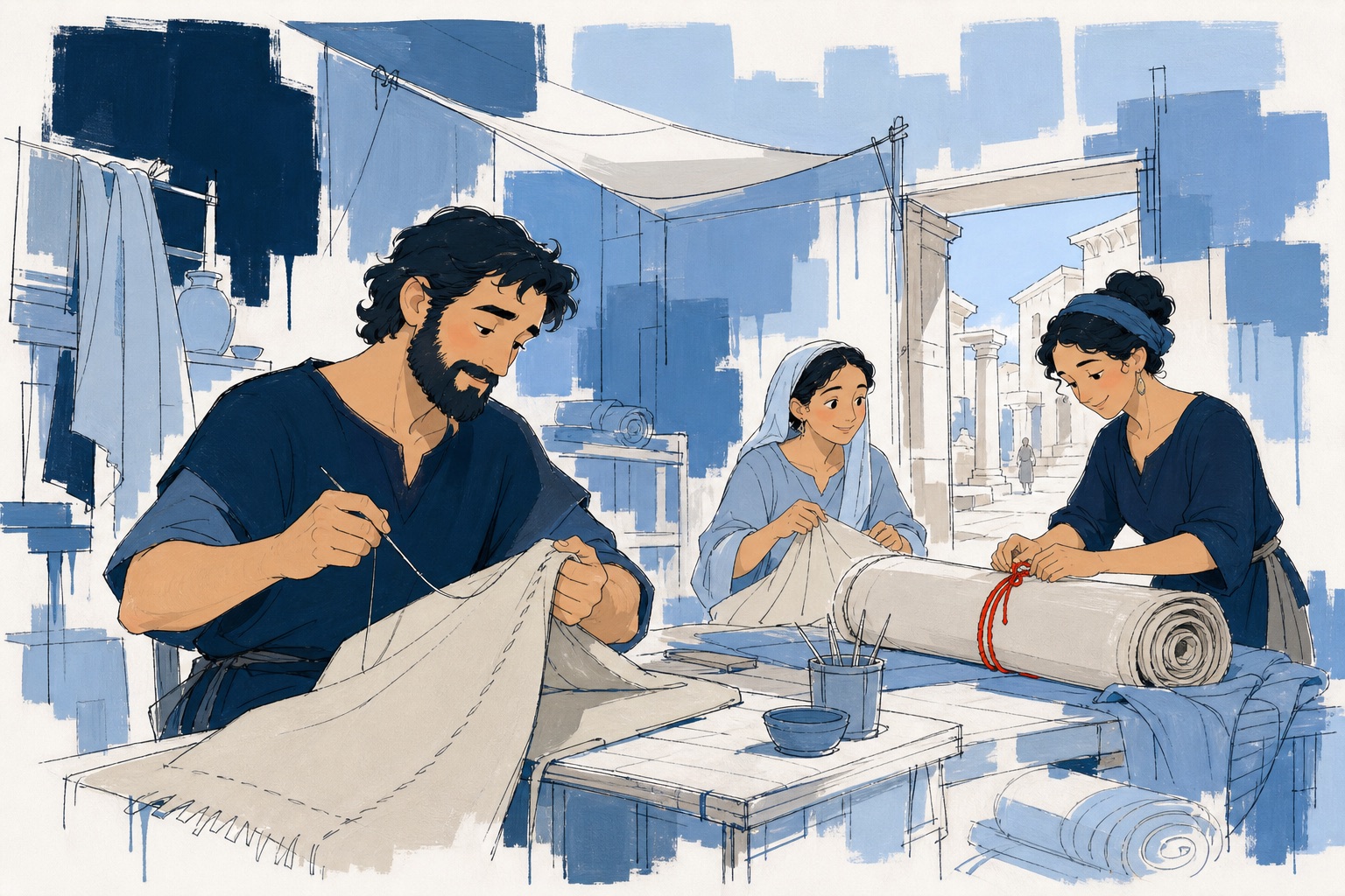 Paul sewing at a tentmaker's bench with Aquila and Priscilla