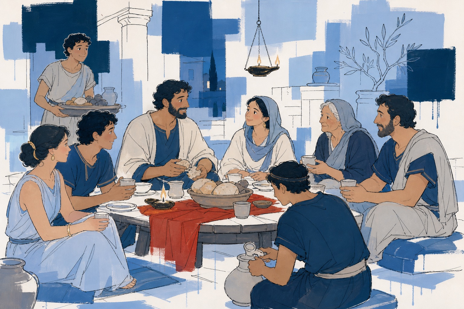A first-century house church in Corinth sharing bread around a low table in a courtyard at evening