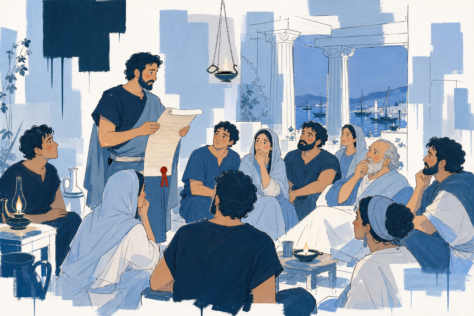 A man reads a long papyrus letter aloud to a gathered house church in a Corinthian courtyard at dusk