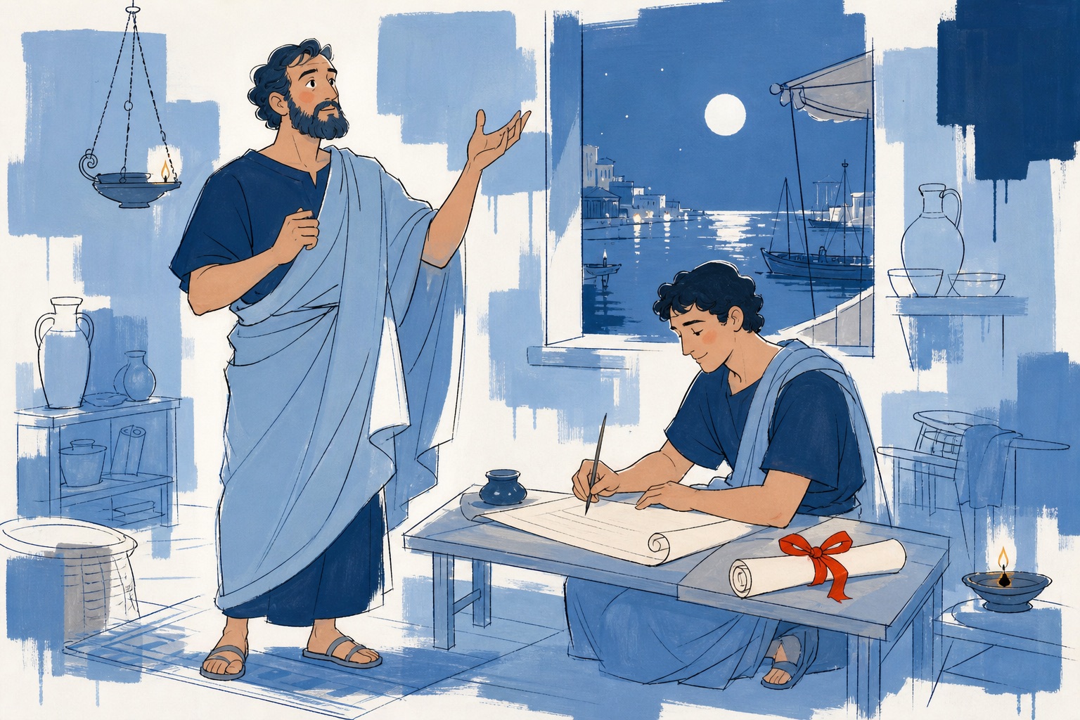 Paul dictating in a lamp-lit room in Ephesus while Sosthenes writes on papyrus, the harbor through the window